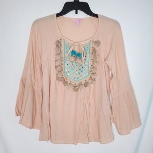 LILLY PULITZER Boho  Shandy Blouse With Tassels And Bell Sleeves Women's XS